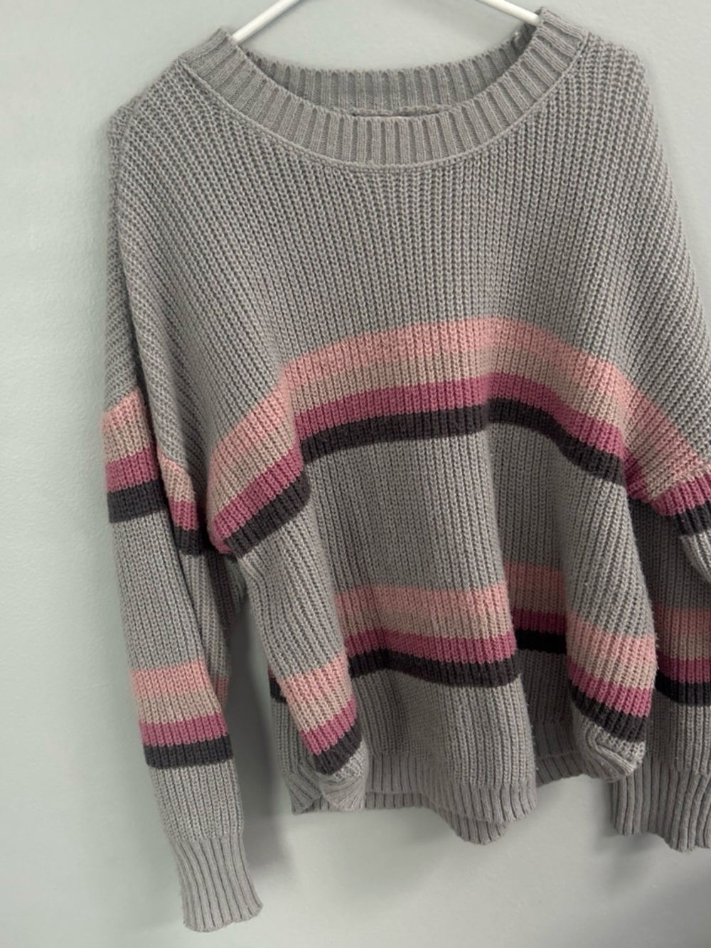 SO Gray Knit Sweater with Pink and Dark Stripe Accents